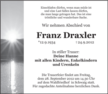 Traueranzeige von Franz Draxler von Pegnitz-Zeitung